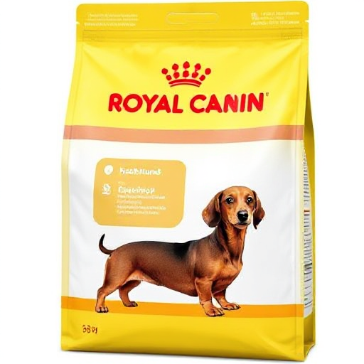 A bag of Royal Canin dog food specifically formulated for dachshunds, featuring a vibrant design and clear branding.