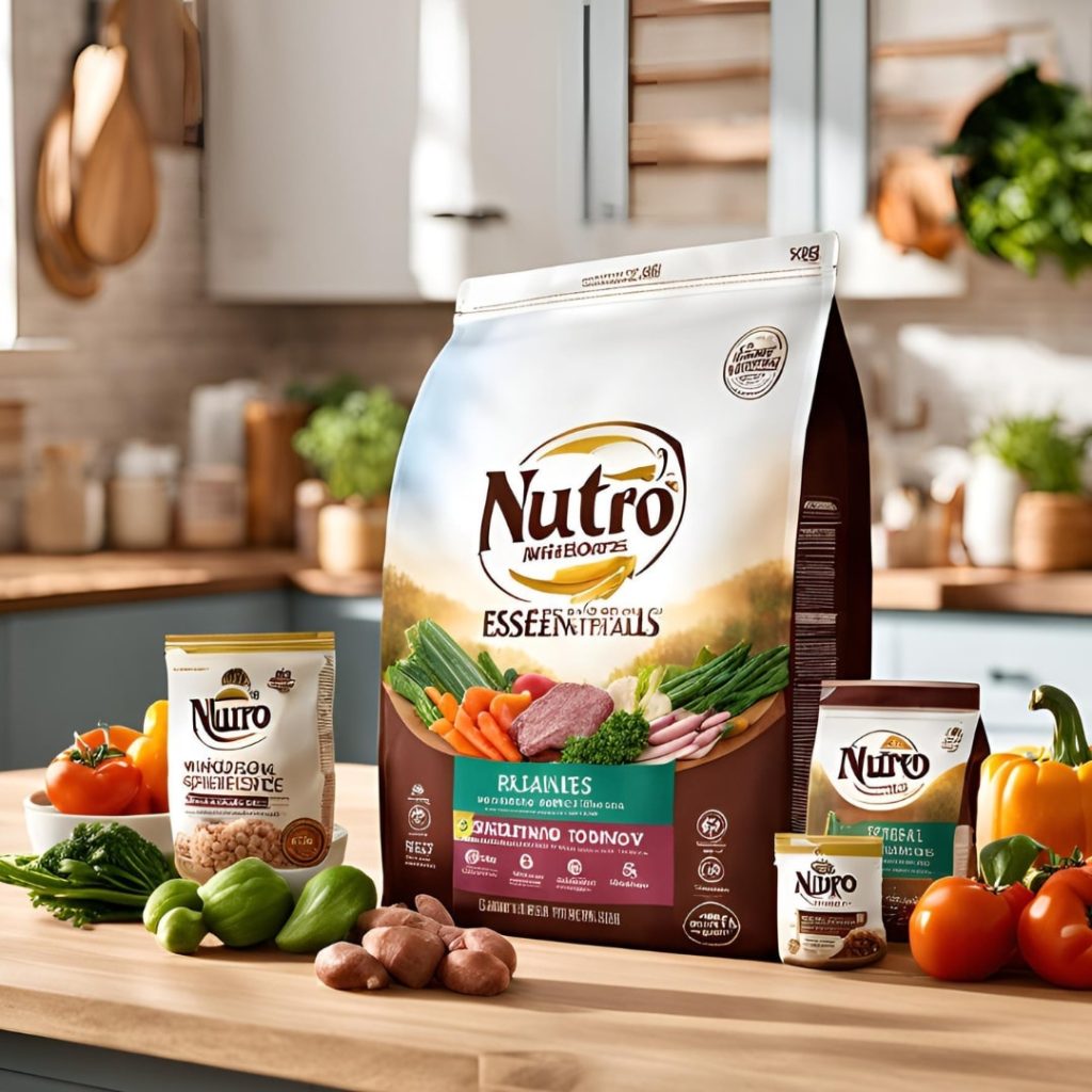 Nutro Wholesome Essentials dry dog food bag featuring natural ingredients for a balanced diet and healthy canine lifestyle.